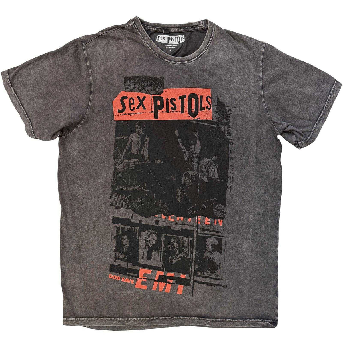 Charcoal Grey - Front - Sex Pistols Unisex Adult Photo Collage Stone Wash T-Shirt