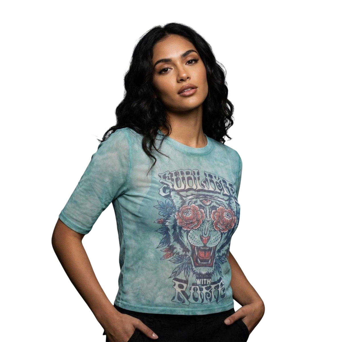 Light Blue - Side - Sublime Womens-Ladies With Rome Mesh Crop Top
