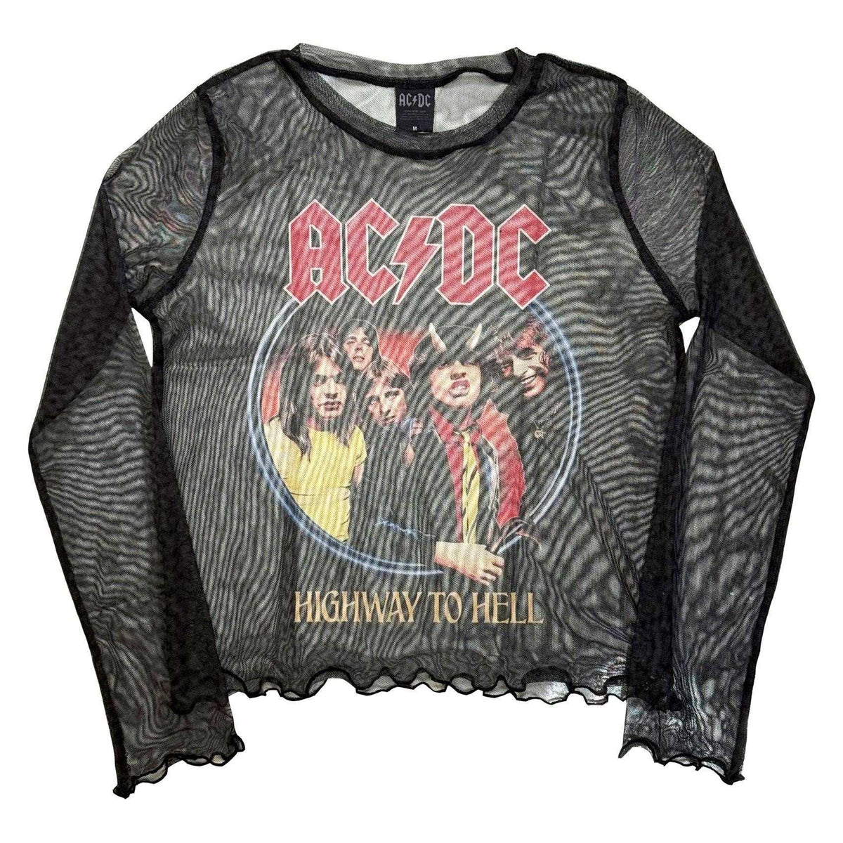 Black - Front - AC-DC Womens-Ladies Highway To Hell Mesh Long-Sleeved Crop Top