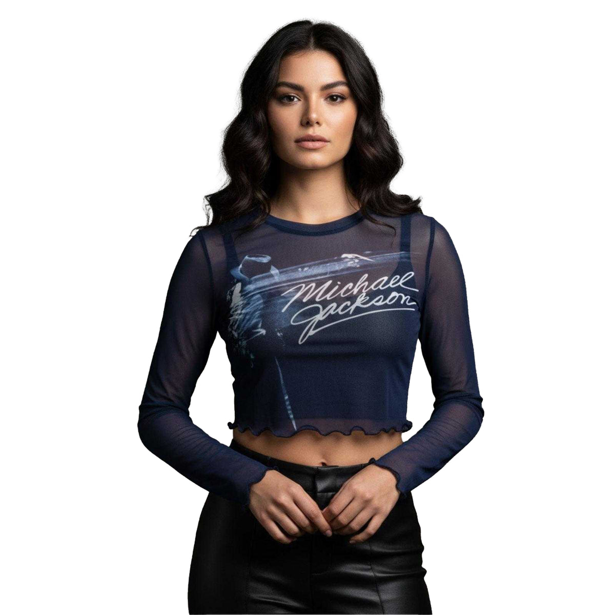 Blue - Back - Michael Jackson Womens-Ladies Blurred Mesh Long-Sleeved Crop Top