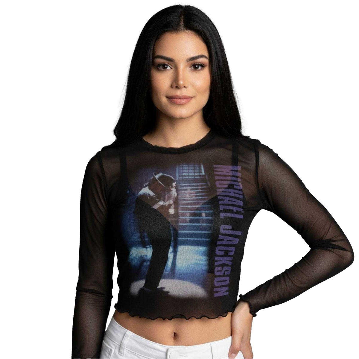 Black - Side - Michael Jackson Womens-Ladies Beat It Mesh Long-Sleeved Crop Top