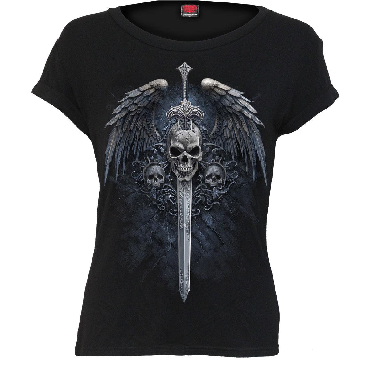 Black - Front - Spiral Direct Womens-Ladies Angel Sword Boat Neck T-Shirt