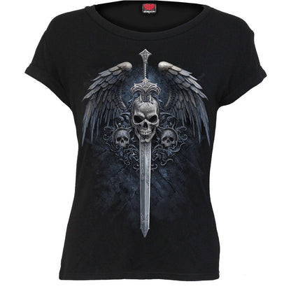 Black - Front - Spiral Direct Womens-Ladies Angel Sword Boat Neck T-Shirt