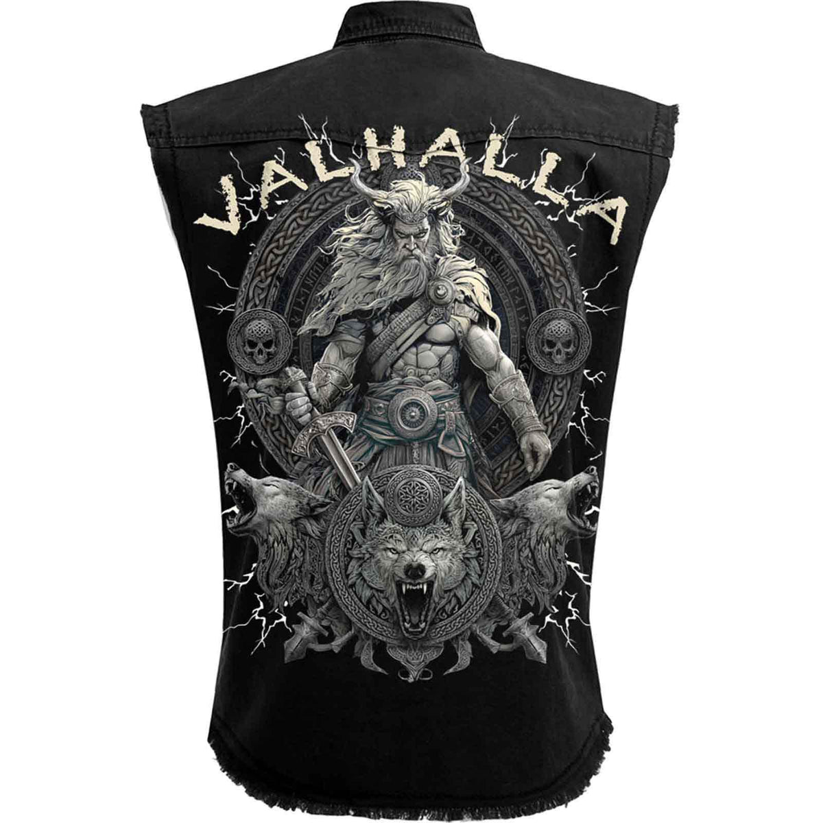 Black - Back - Spiral Direct Unisex Adult Valhalla Stone Wash Back Print Work Shirt