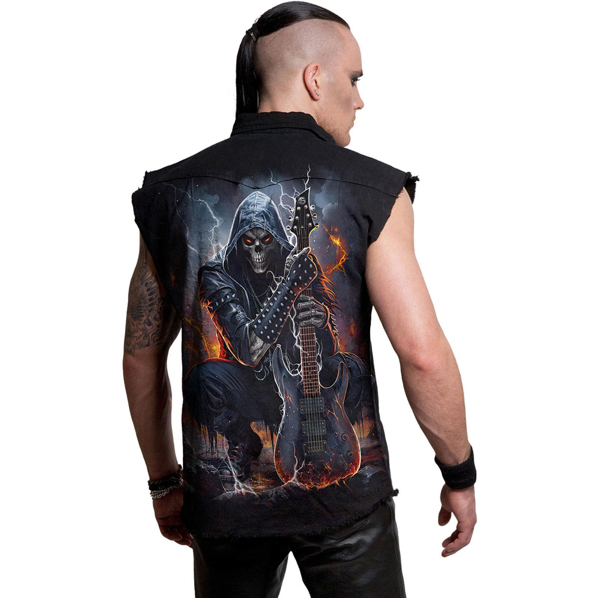 Black Stonewash - Side - Spiral Direct Unisex Adult Death Rocker Stone Wash Back Print Work Shirt