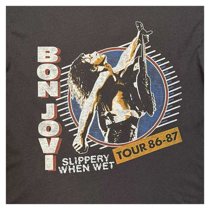 Charcoal Grey - Side - Bon Jovi Unisex Adult Slippery When Wet Tour ´86-´87 Logo Back Print T-Shirt
