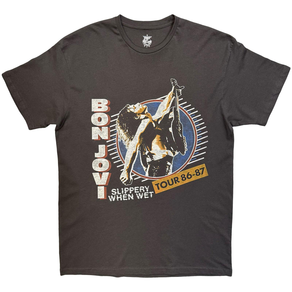 Charcoal Grey - Front - Bon Jovi Unisex Adult Slippery When Wet Tour ´86-´87 Logo Back Print T-Shirt