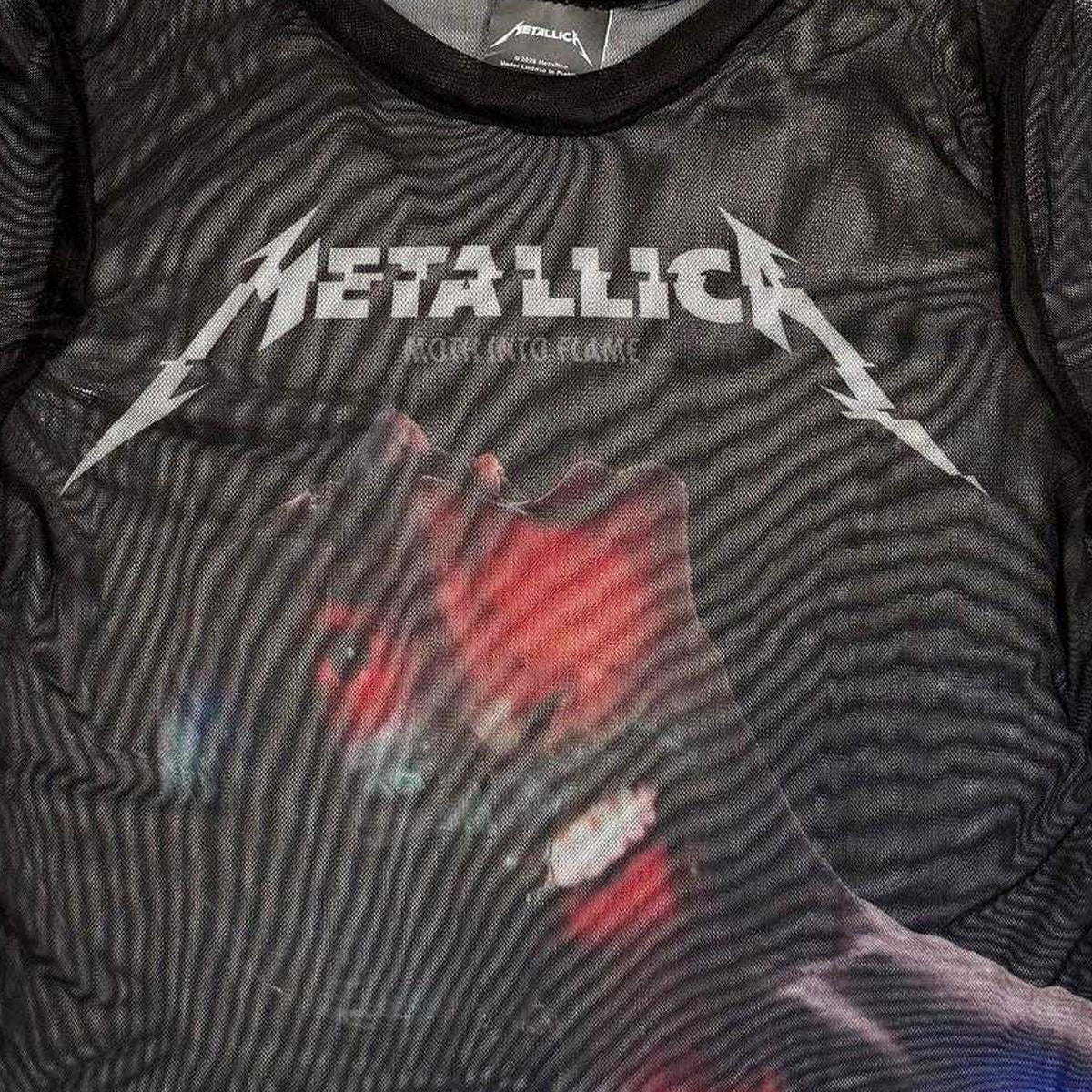 Black - Back - Metallica Womens-Ladies Moth Into Flame Mesh Crop Top