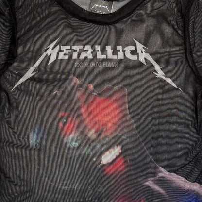 Black - Back - Metallica Womens-Ladies Moth Into Flame Mesh Crop Top