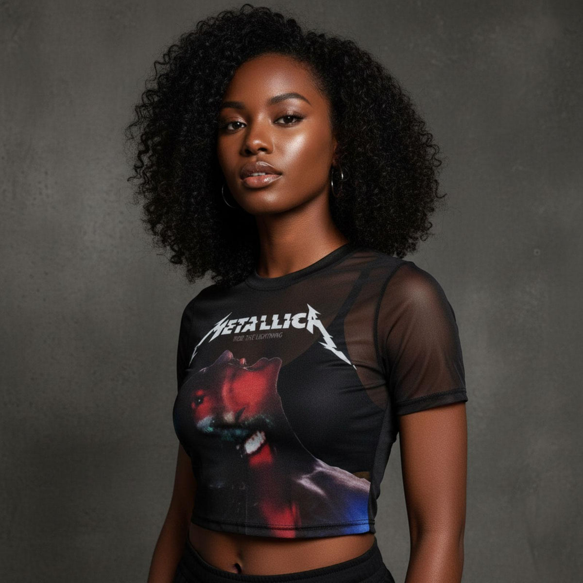 Black - Side - Metallica Womens-Ladies Moth Into Flame Mesh Crop Top