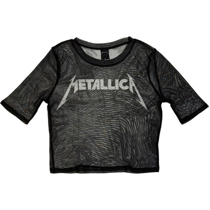 Black - Front - Metallica Womens-Ladies Logo Mesh Crop Top