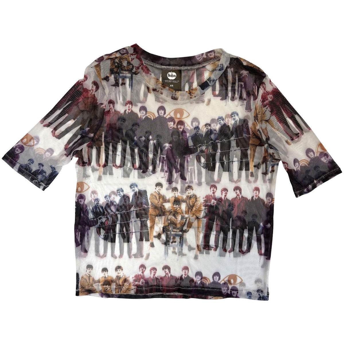 White-Multicoloured - Front - The Beatles Womens-Ladies Anthology Repeat Print Mesh Short-Sleeved Crop Top