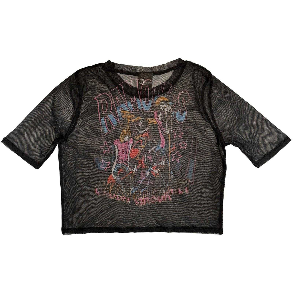 Black - Back - Ramones Womens-Ladies Graffiti Illustration Mesh Crop Top