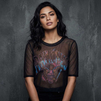 Black - Side - Ramones Womens-Ladies Graffiti Illustration Mesh Crop Top