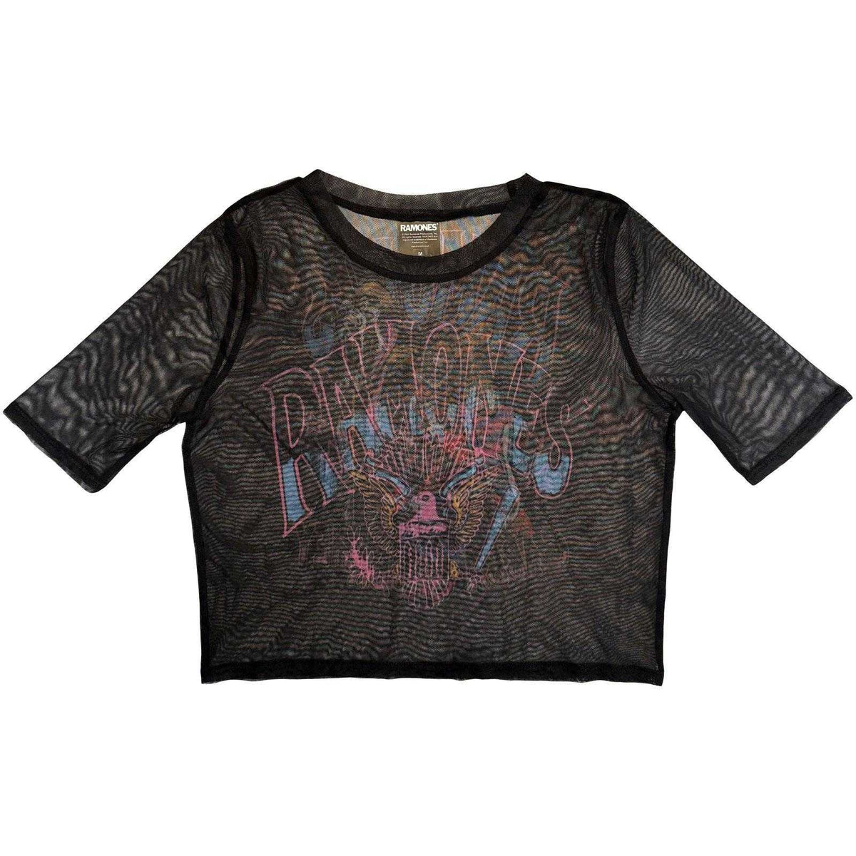 Black - Front - Ramones Womens-Ladies Graffiti Illustration Mesh Crop Top