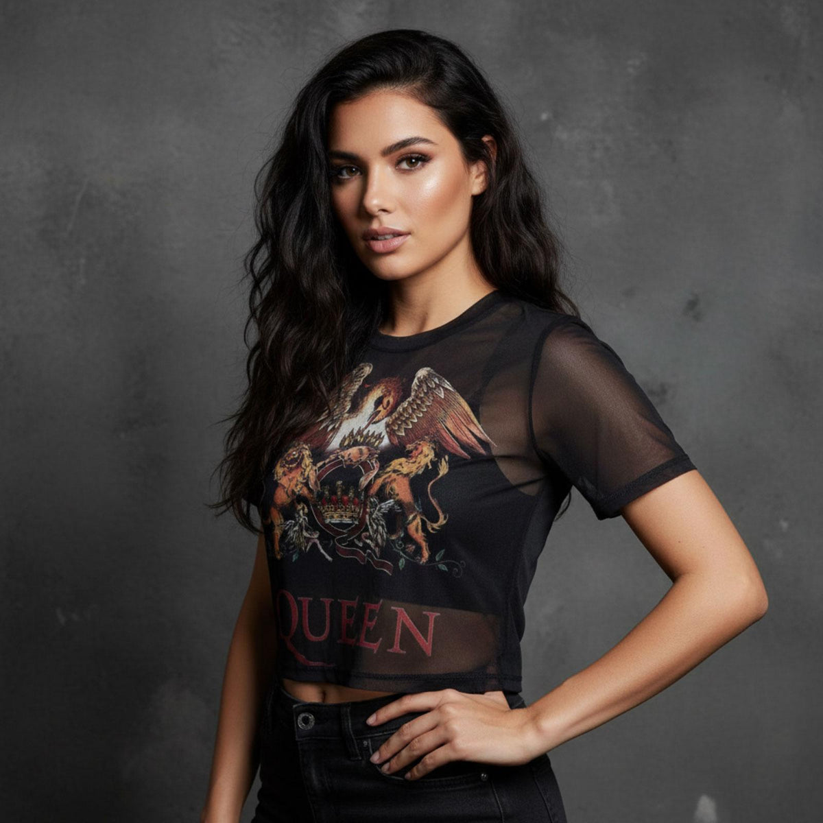 Navy - Side - Queen Womens-Ladies Classic Crest Mesh Crop Top