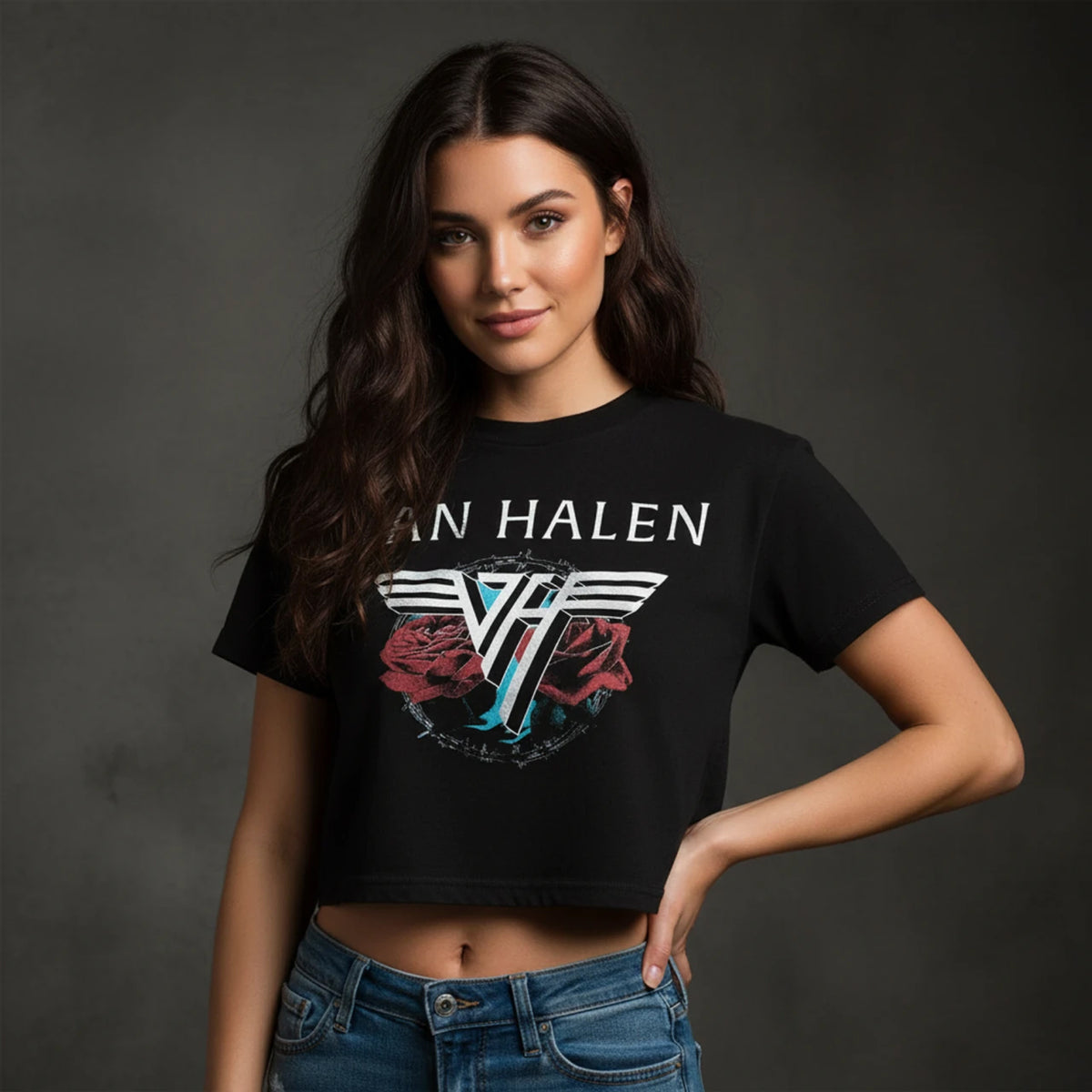 Black - Side - Van Halen Womens-Ladies 84 Tour Crop Top