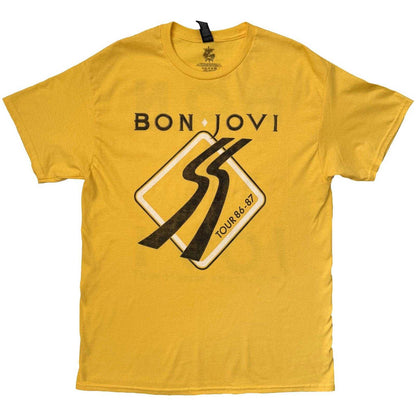 Yellow - Front - Bon Jovi Unisex Adult Tour ´87 Road Sign Back Print T-Shirt