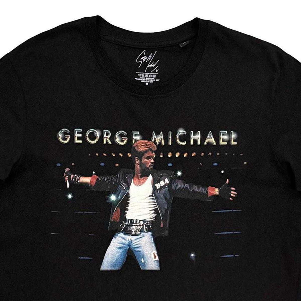 Black - Side - George Michael Unisex Adult On Stage T-Shirt