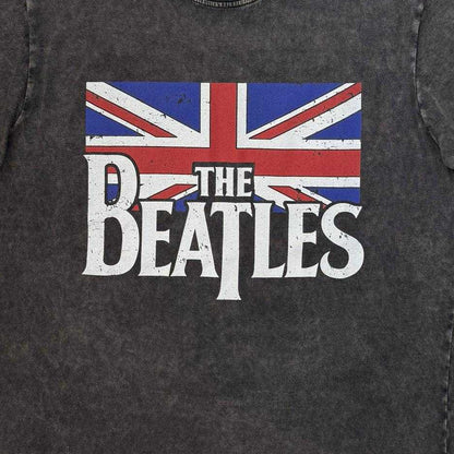 Charcoal Grey - Side - The Beatles Unisex Adult Logo & Vintage Flag Stone Wash T-Shirt