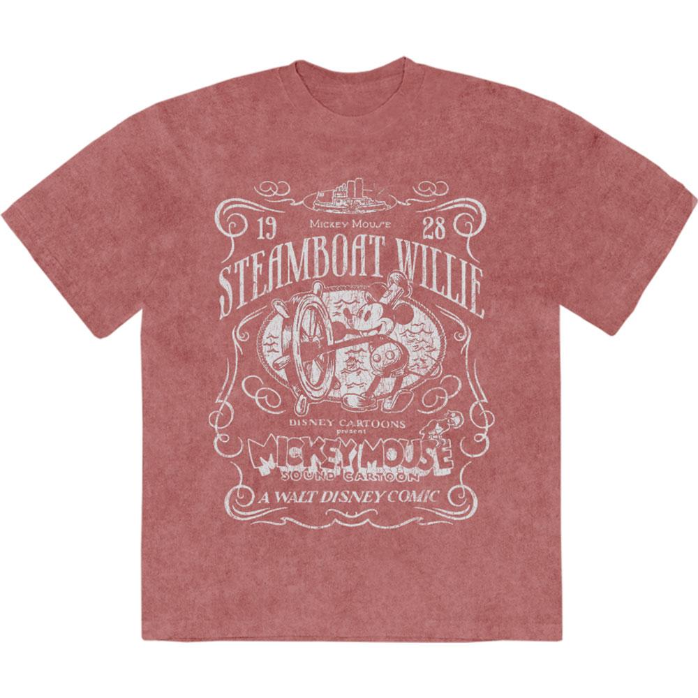 Kashmir Red - Front - Disney Unisex Adult Steamboat Willie Mickey Mouse Stone Wash T-Shirt
