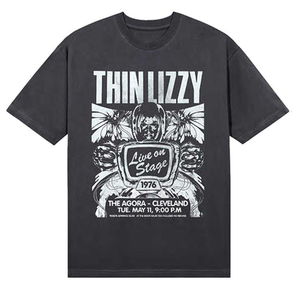 Black - Front - Thin Lizzy Unisex Adult Jailbreak Live In Cleveland ´76 Ticket Back Print T-Shirt