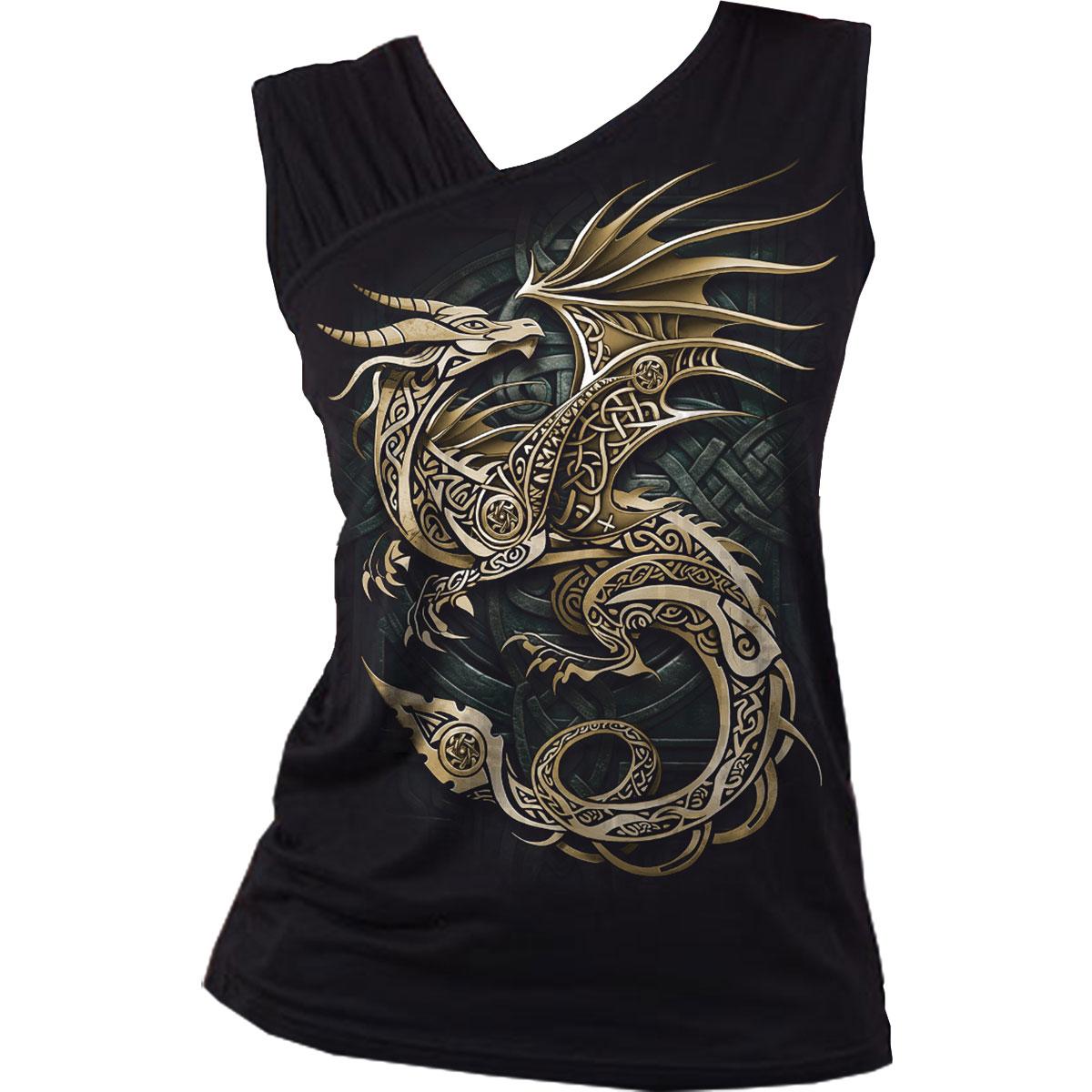 Black - Front - Spiral Direct Womens-Ladies Celtic Dragon Gathered Shoulder Vest Top