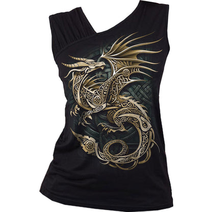 Black - Front - Spiral Direct Womens-Ladies Celtic Dragon Gathered Shoulder Vest Top