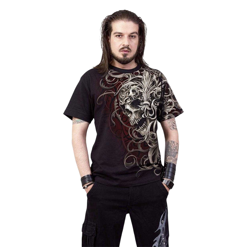 Black - Side - Spiral Direct Unisex Adult Skull Shoulder Wrap T-Shirt