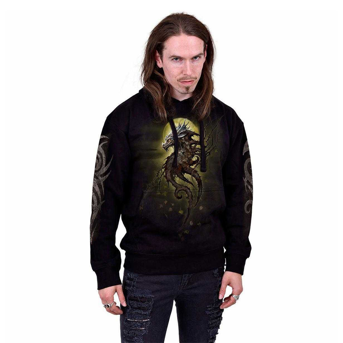 Black - Side - Spiral Direct Unisex Adult Oak Dragon Back & Sleeve Print Hoodie