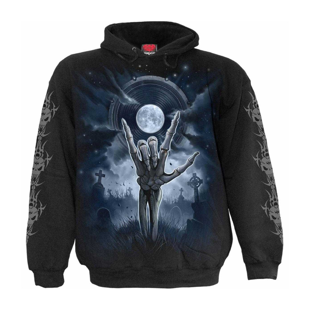 Black - Front - Spiral Direct Unisex Adult Grim Rocker Back & Sleeve Print Hoodie