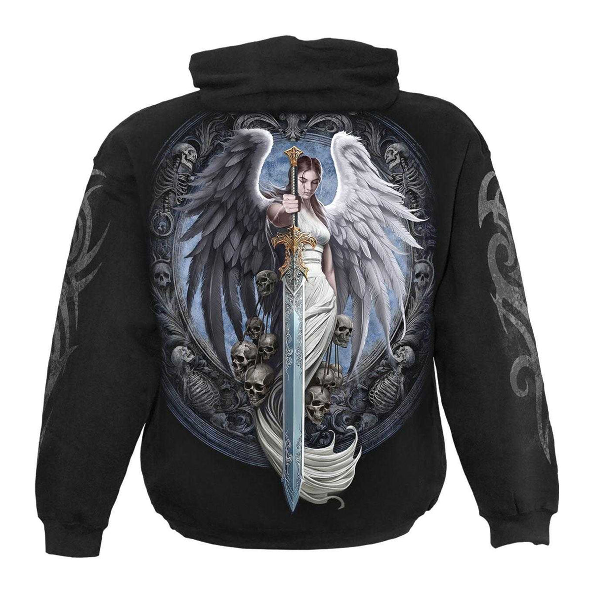 Black - Back - Spiral Direct Unisex Adult Angel Sword Back & Sleeve Print Hoodie