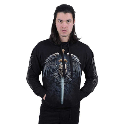 Black - Side - Spiral Direct Unisex Adult Angel Sword Back & Sleeve Print Hoodie