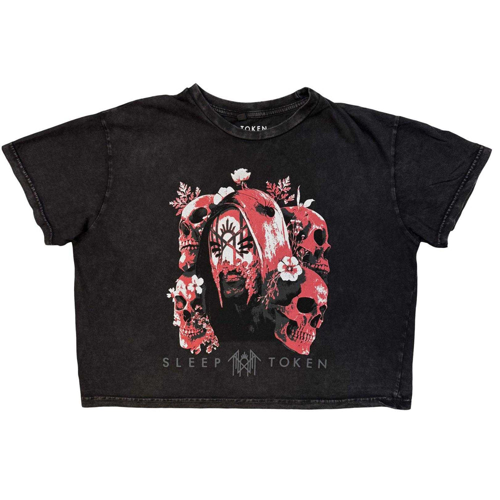 Charcoal Grey - Front - Sleep Token Womens-Ladies Skull & Flowers Stone Wash Crop Top