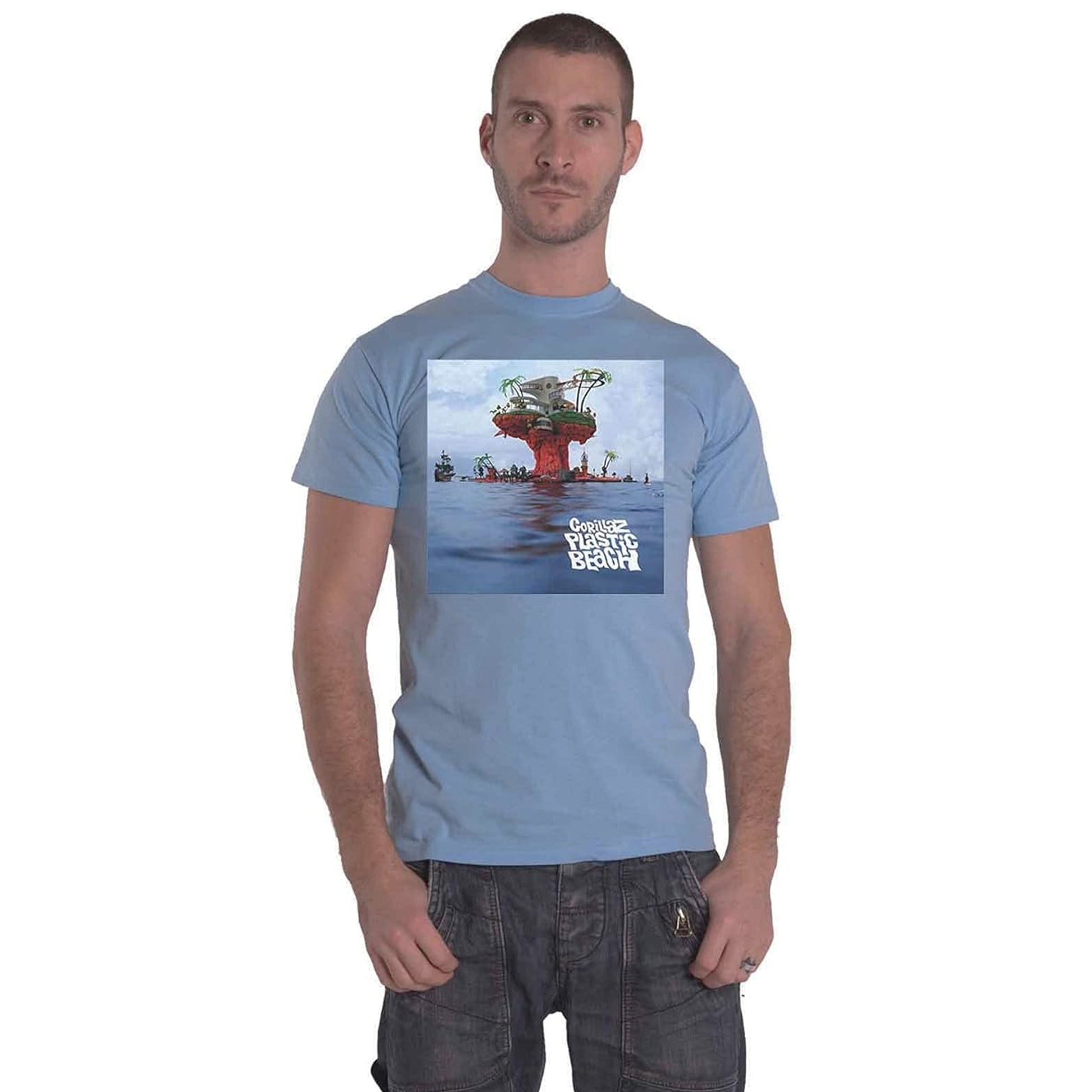 Light Blue - Side - Gorillaz Unisex Adult Plastic Beach Cotton T-Shirt