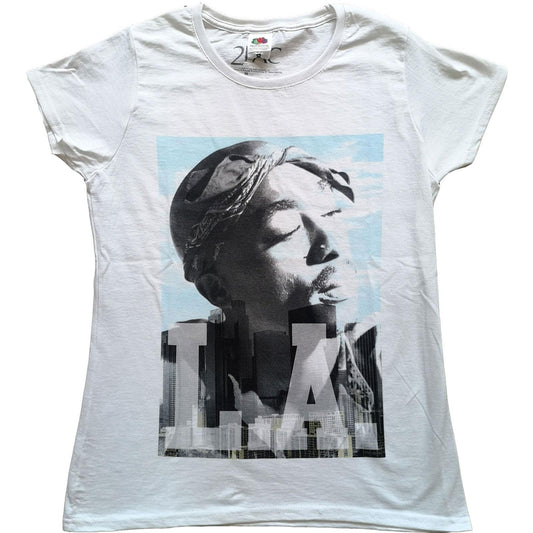 White - Front - Tupac Shakur Womens-Ladies LA Skyline T-Shirt