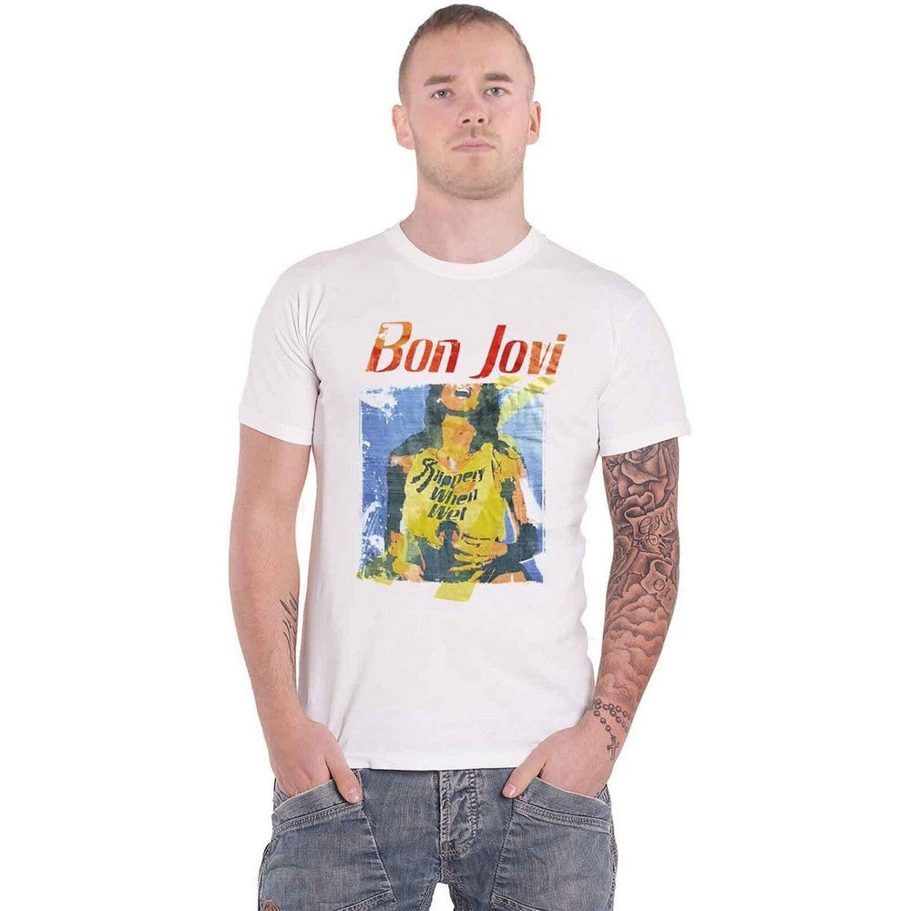 White - Side - Bon Jovi Unisex Adult Slippery When Wet Original Cover Cotton T-Shirt