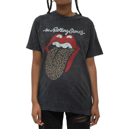 Black - Side - The Rolling Stones Unisex Adult Leopard Tongue Acid Wash T-Shirt