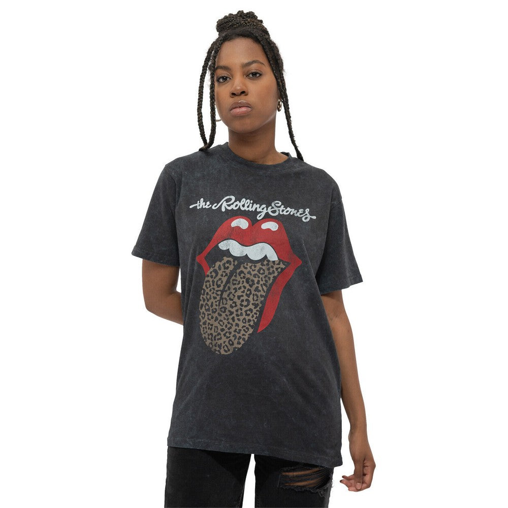 Black - Pack Shot - The Rolling Stones Unisex Adult Leopard Tongue Acid Wash T-Shirt