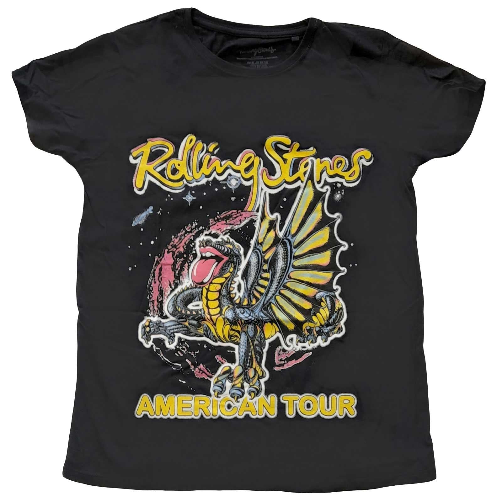 Black - Front - The Rolling Stones Womens-Ladies American Tour Dragon Cotton T-Shirt