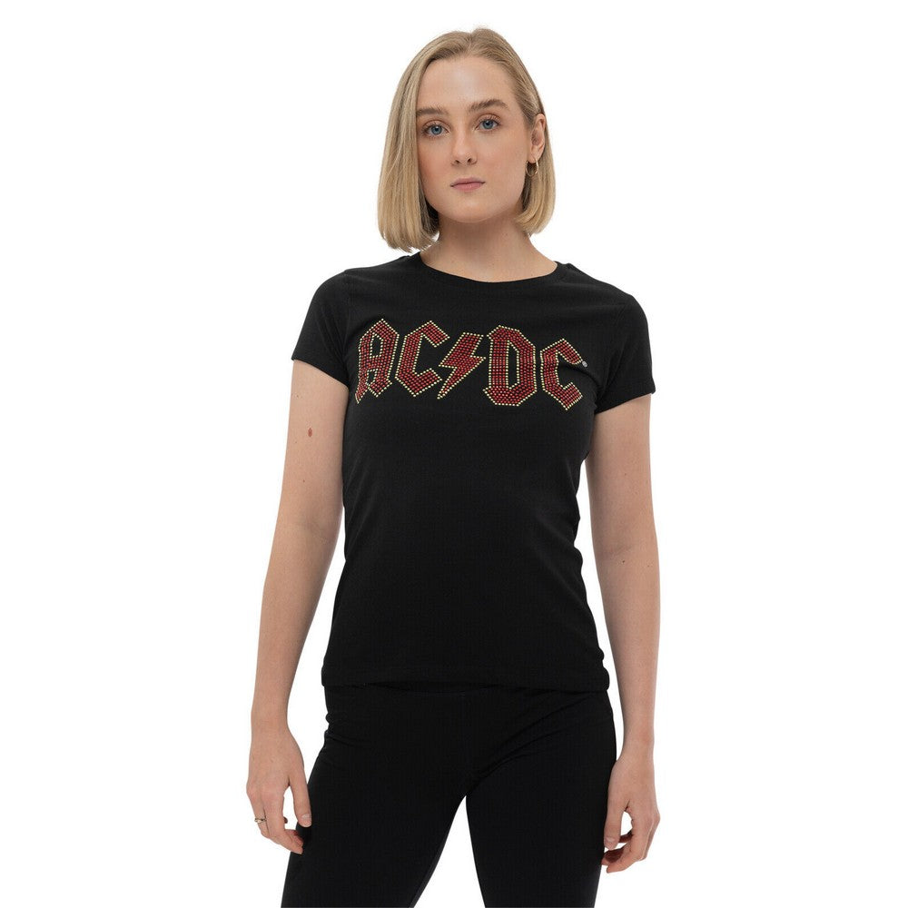 Black - Side - AC-DC Womens-Ladies Embellished Logo T-Shirt