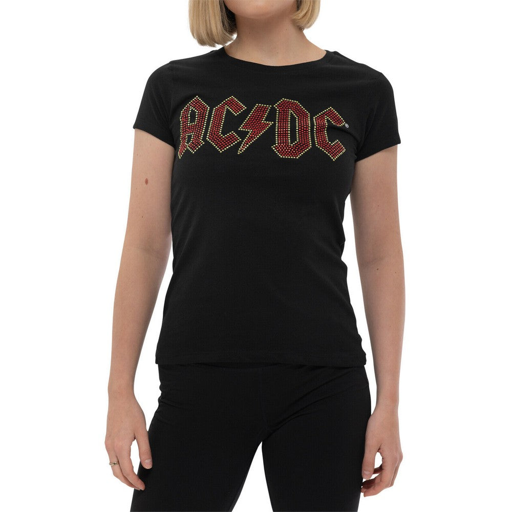 Black - Front - AC-DC Womens-Ladies Embellished Logo T-Shirt