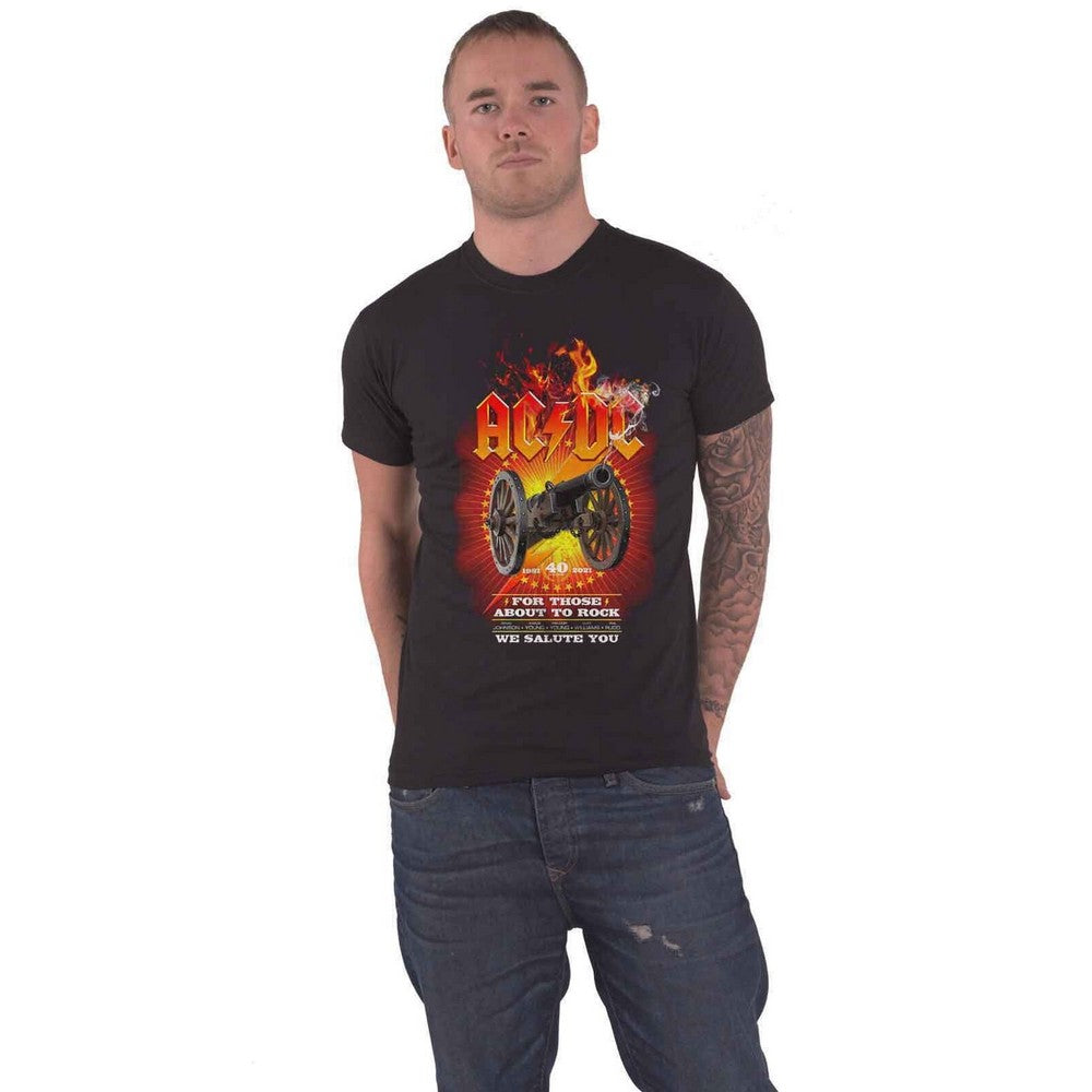 Black - Front - AC-DC Unisex Adult For Those About To Rock 40th Flames Cotton T-Shirt