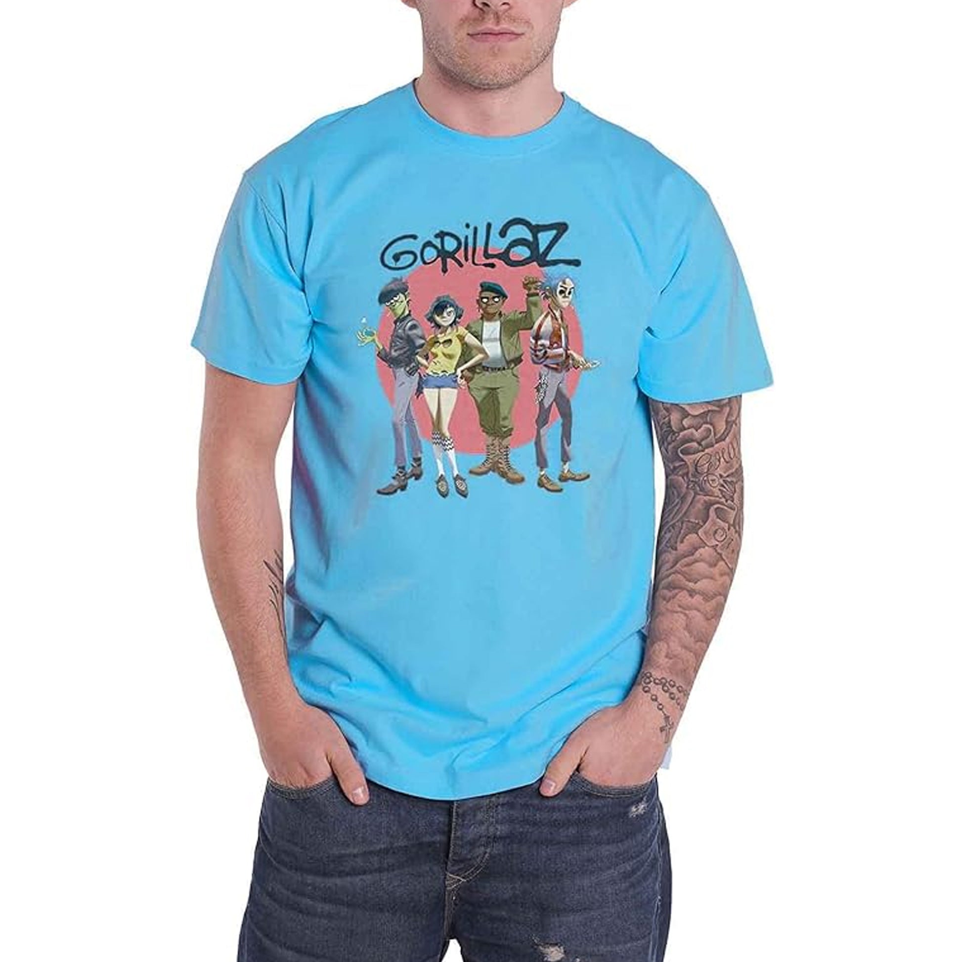 Sapphire Blue - Side - Gorillaz Unisex Adult Group Shot Cotton T-Shirt
