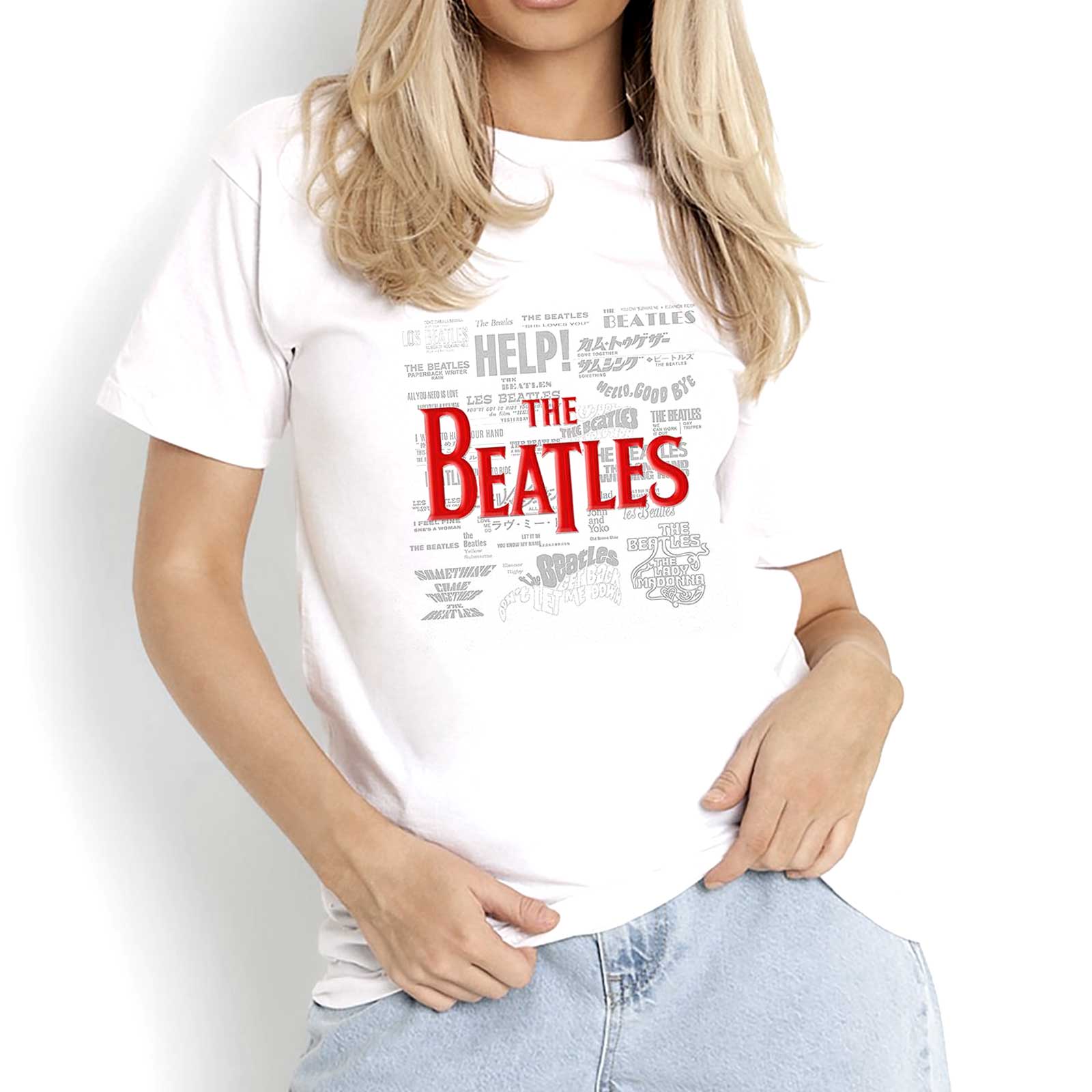 White - Side - The Beatles Unisex Adult Titles Cotton Logo T-Shirt