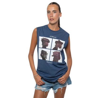 Denim Blue - Side - Gorillaz Unisex Adult Demon Days Cotton Tank Top