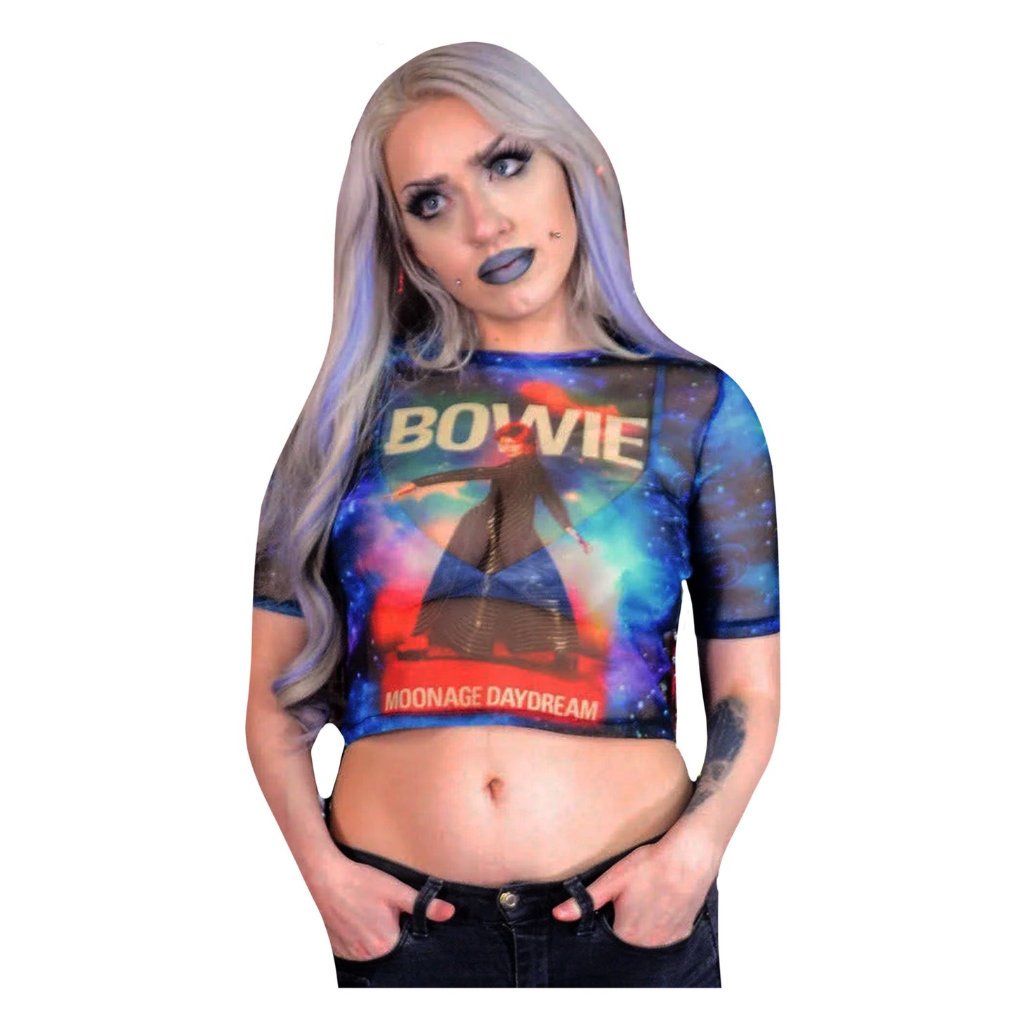 Blue-Black - Back - David Bowie Womens-Ladies Moonage Daydream Mesh Crop Top
