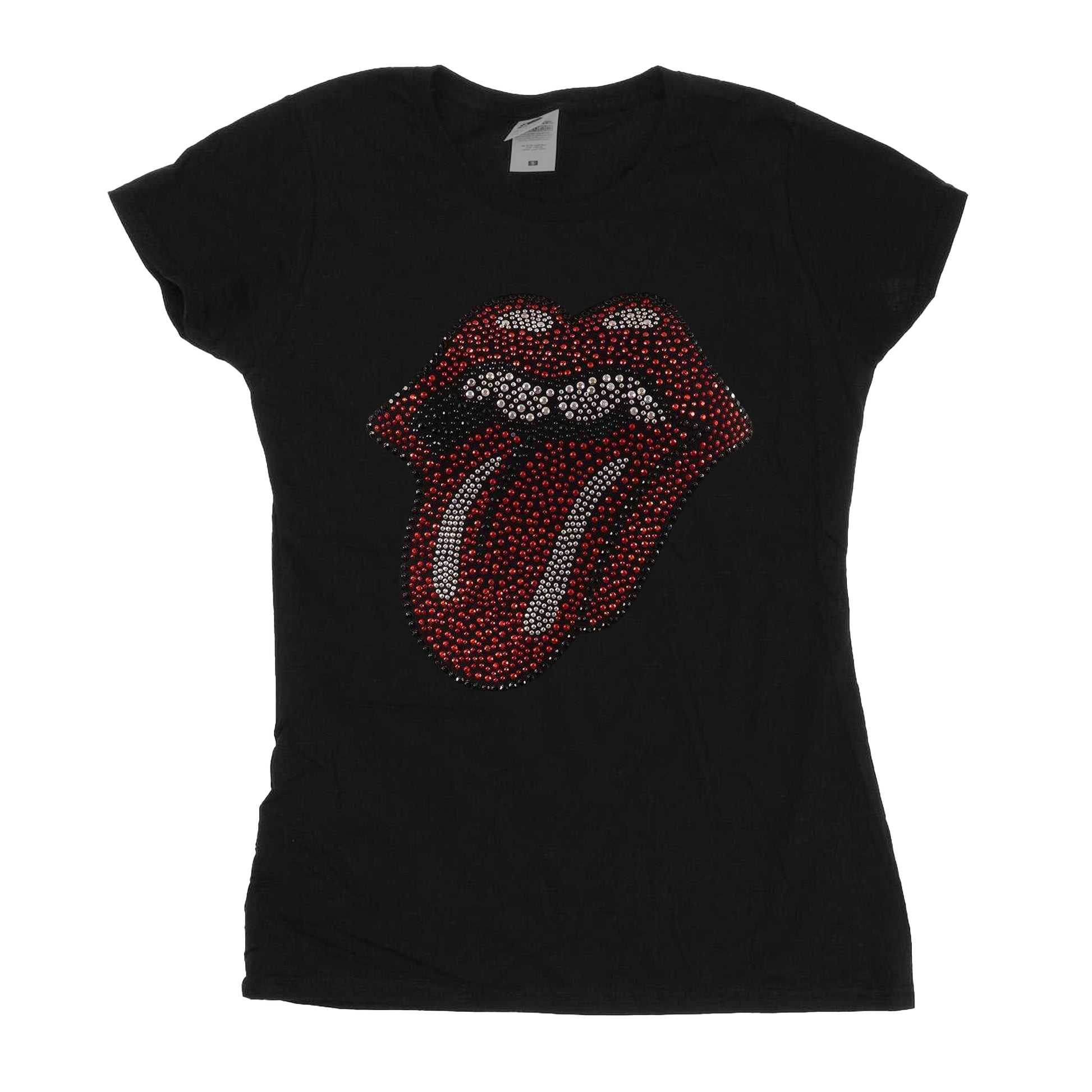 Black - Front - The Rolling Stones Womens-Ladies Classic Tongue Diamante T-Shirt