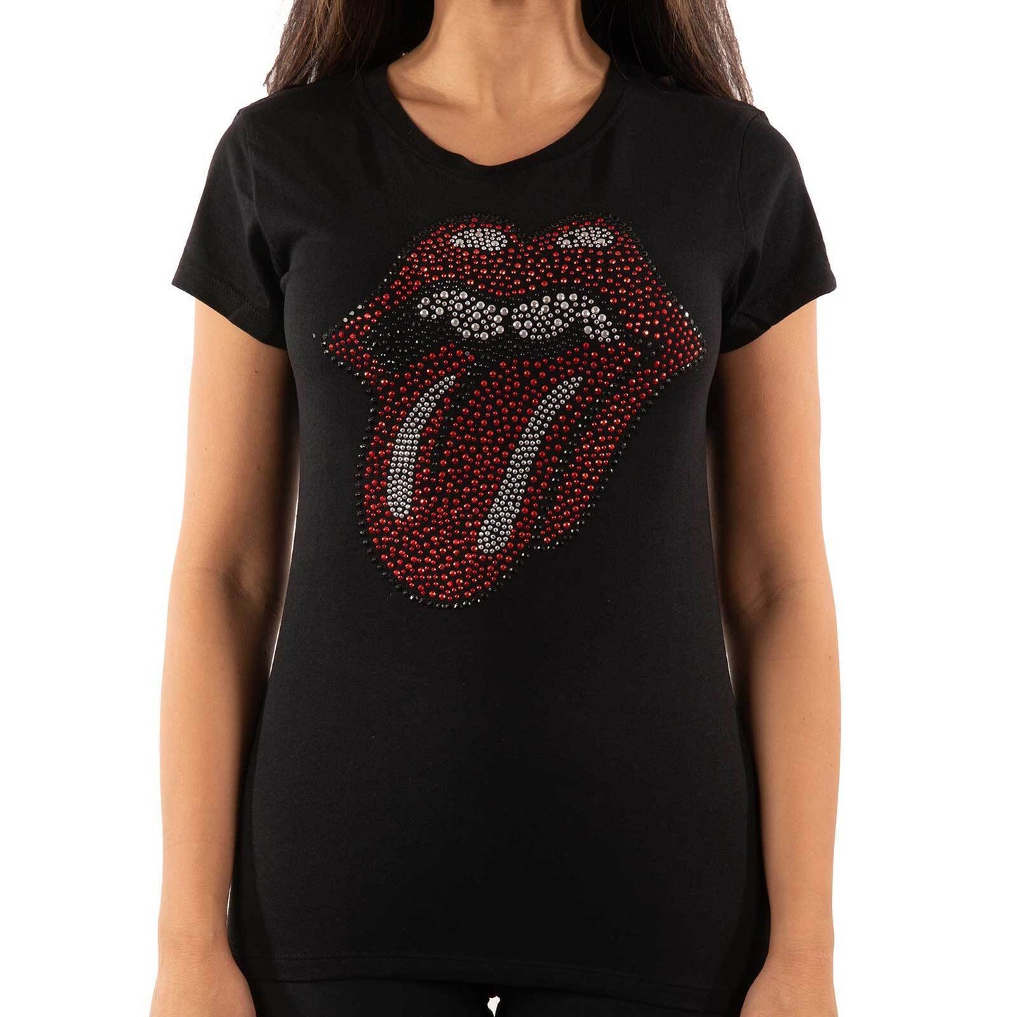 Black - Side - The Rolling Stones Womens-Ladies Classic Tongue Diamante T-Shirt