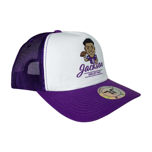 White-Purple - Front - Tokyo Time Unisex Adult Lamar Jackson NFLPA Mesh Back Trucker Cap